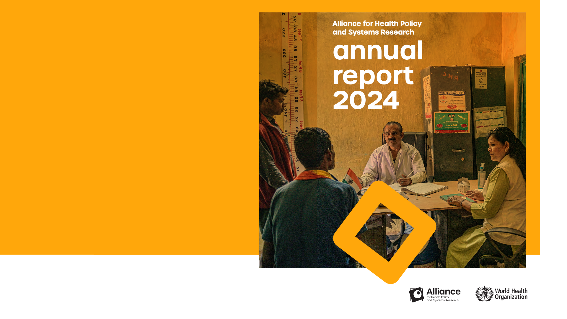 Cover image of the Alliance 2024 annual report featuring a yellow background and a picture of a doctor consulting with two patients.