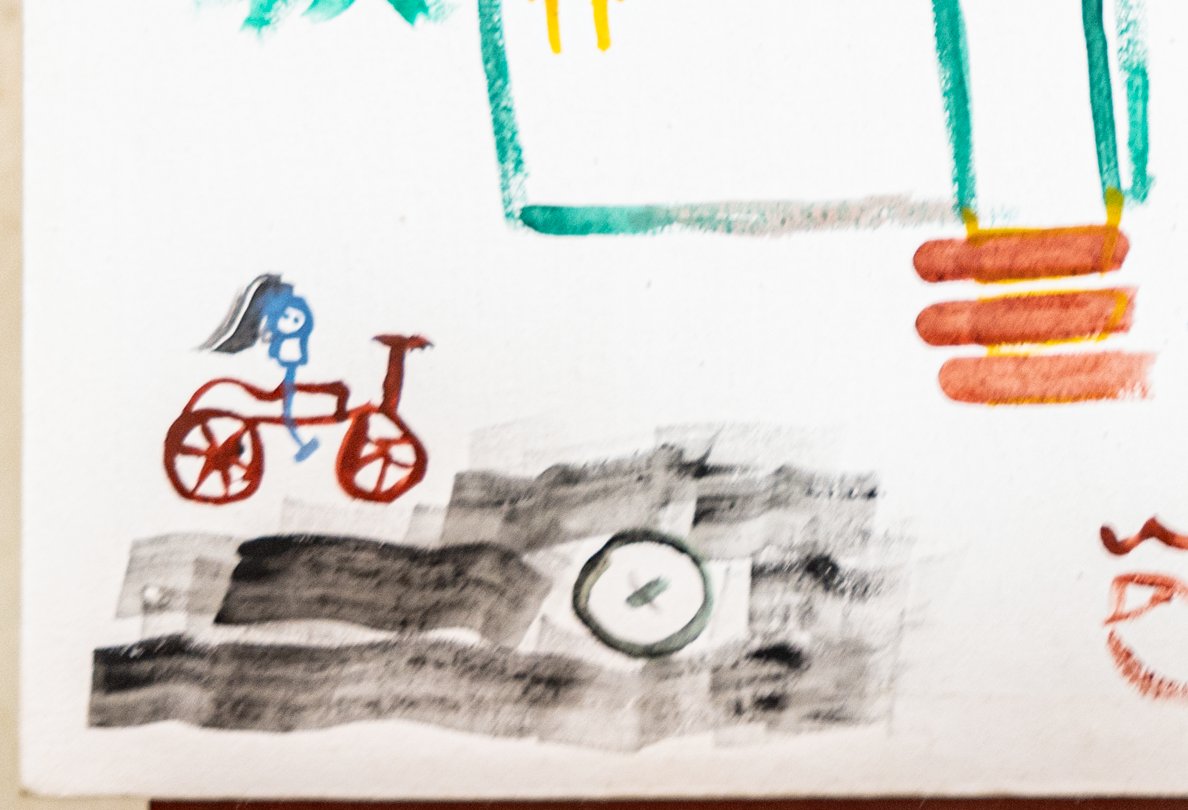 Painting of a vaccinator on a bicycle traversing a dirt road, by a vaccinator in Sindh province, Pakistan