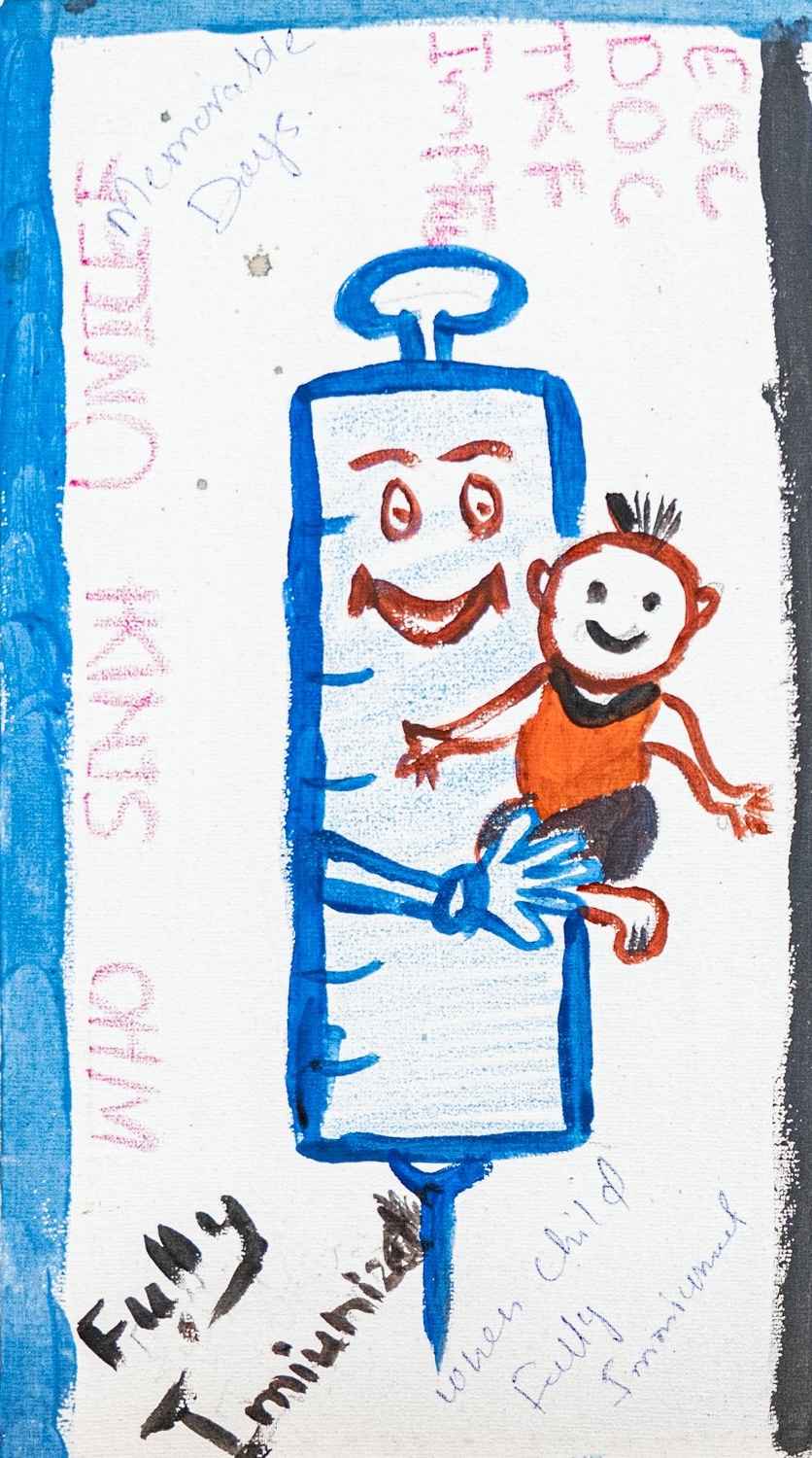 Painting of a syringe holding a smiling child, created by a vaccinator in Sindh province, Pakistan